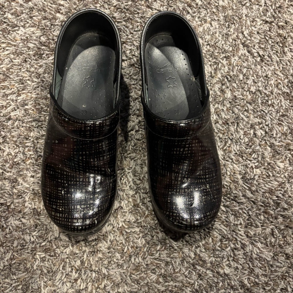 Dansko Black Patent Textured Slip-On Clogs